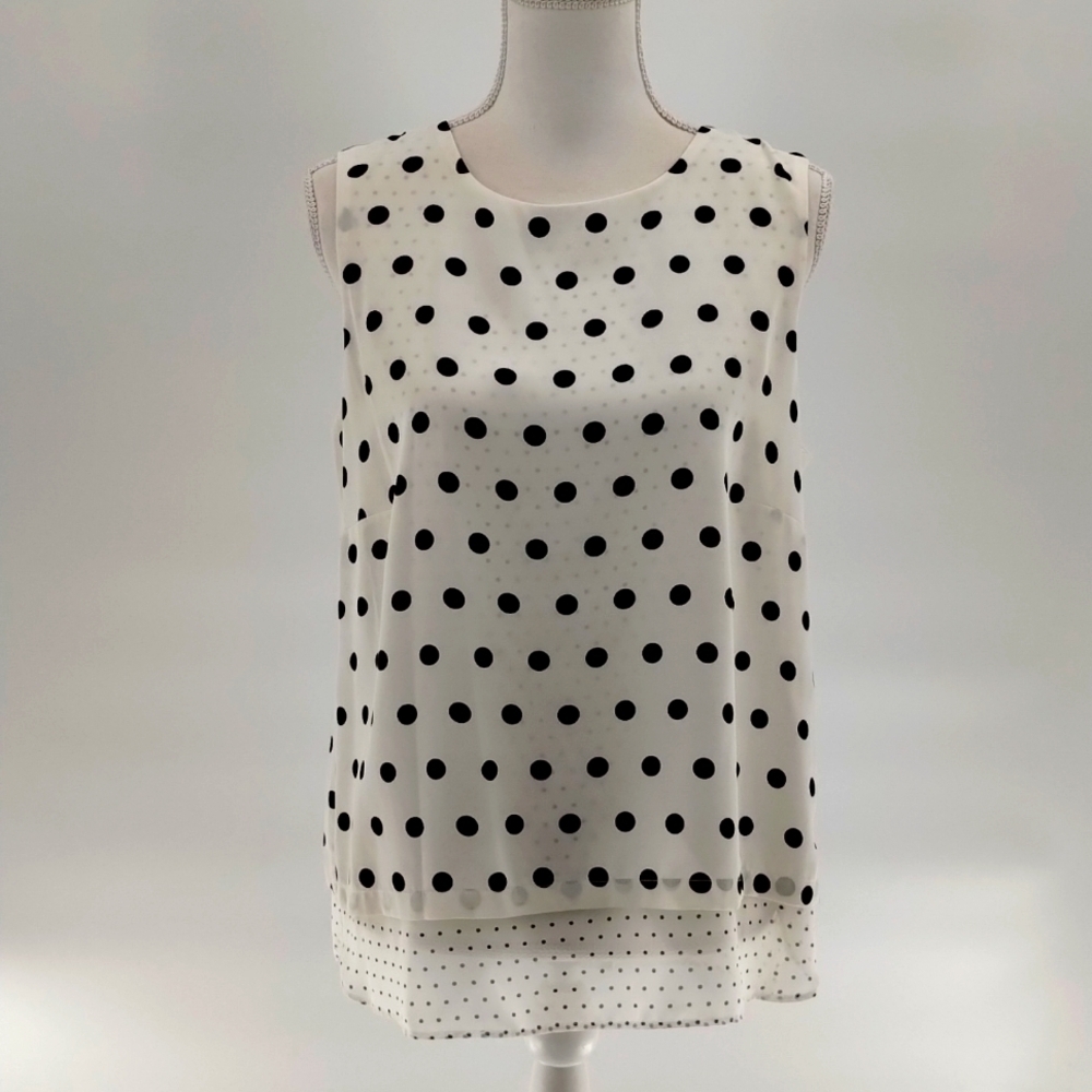 Rose + Olive ivory with black polka dotted sleeveless layered blouse size large